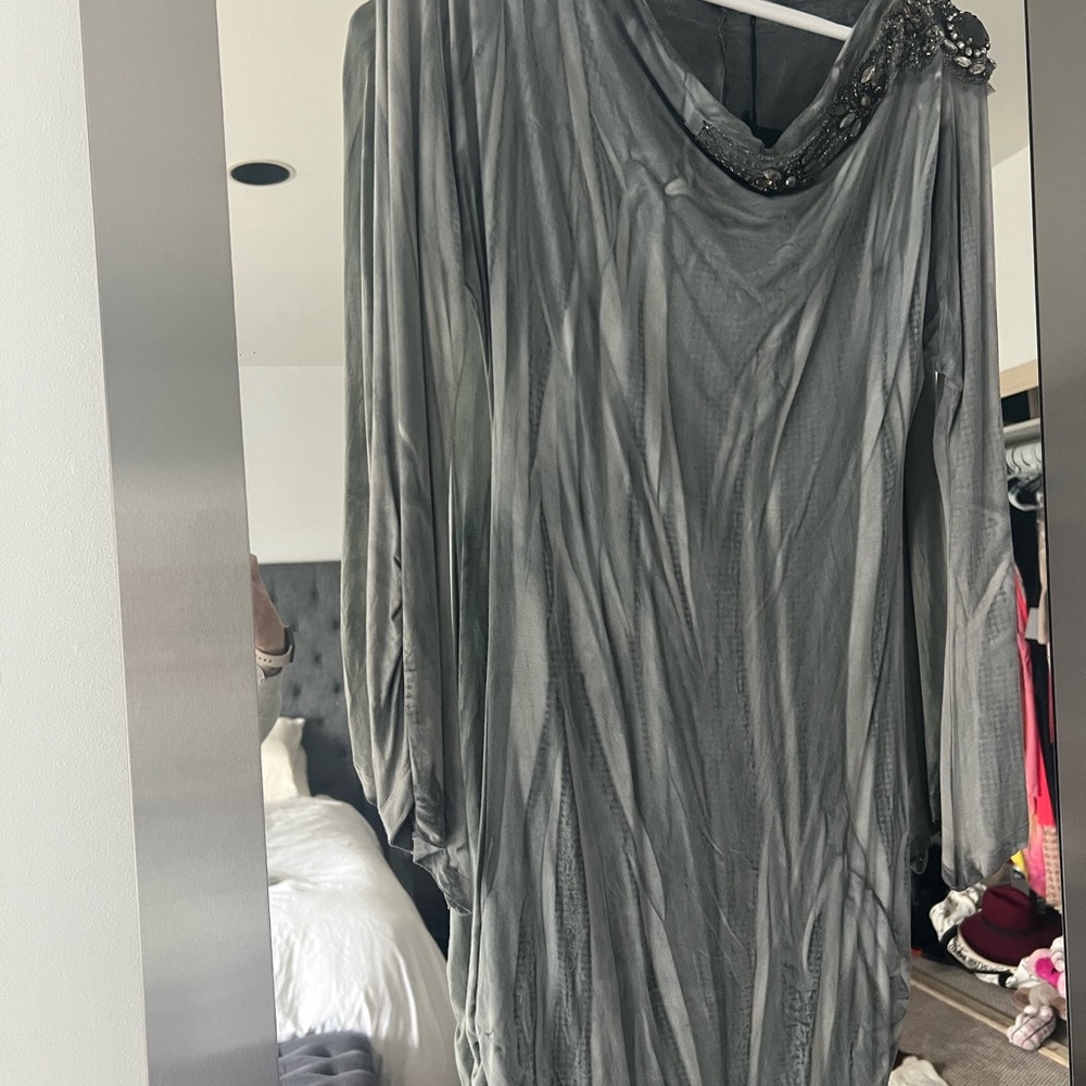 Elegant Gray Dress with Embellished Neckline